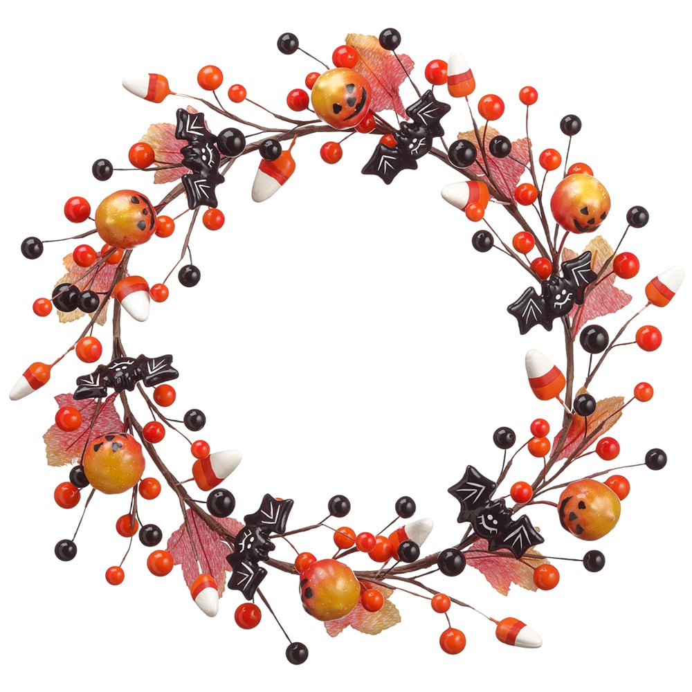 13.78" Jack-O-Lantern Halloween Hanging Wreath -Orange/Black (pack of 3) - AFW020-OR/BK