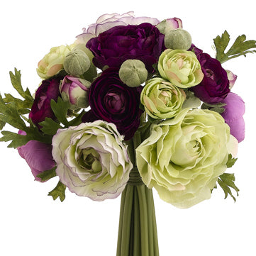 9" Ranunculus Silk Flower Bouquet -Purple/Green (pack of 6) - FBQ368-PU/GR