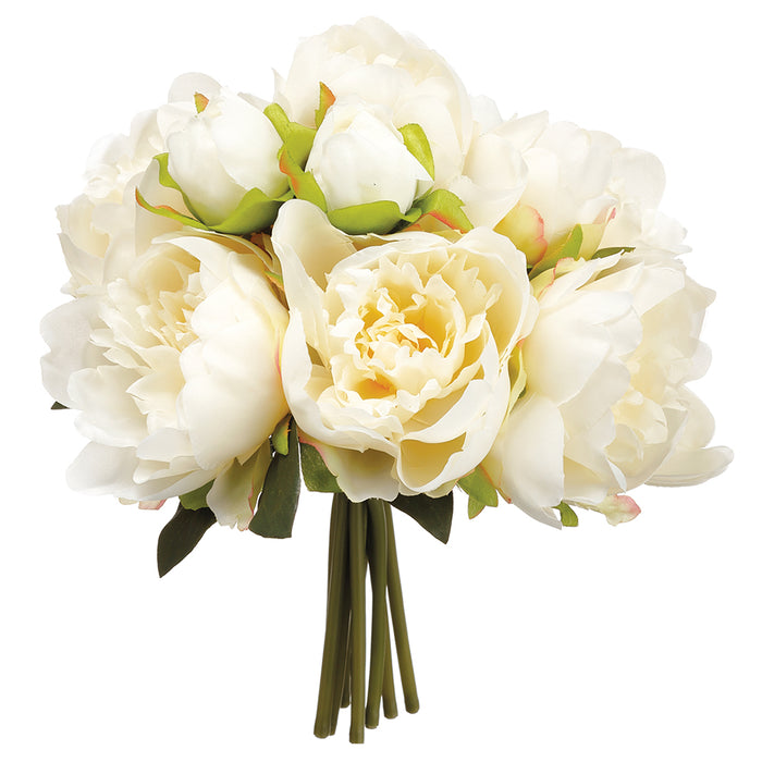 9" Peony Silk Flower Bouquet -Cream (pack of 6) - FBQ382-CR