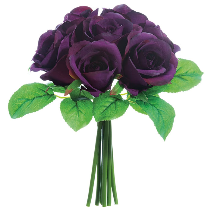 9" Rose Silk Flower Bouquet -Eggplant (pack of 12) - FBQ562-EP