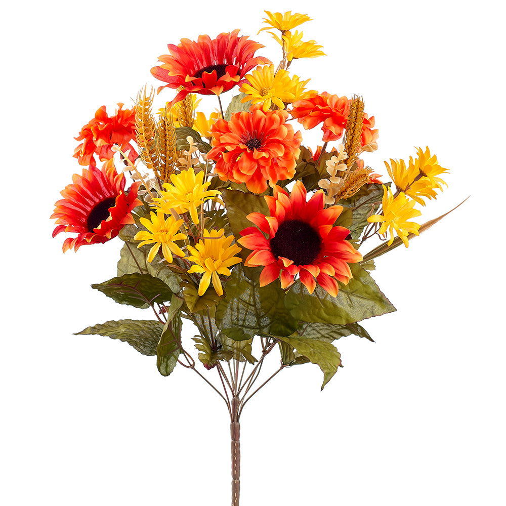 20" Mixed Sunflower & Zinnia Silk Flower Bush -Orange/Flame (pack of 6) - FBX902-OR/FL