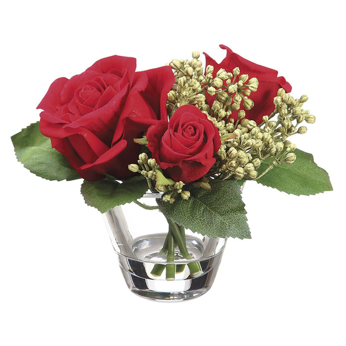 6.5" Velvet Rose Silk Flower Arrangement -Red (pack of 4) - LFR760-RE