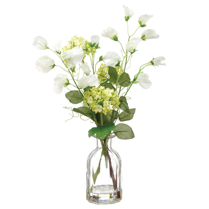 15" Sweet Pea & Snowball Silk Flower Arrangement -Green/White (pack of 6) - LFX017-GR/WH