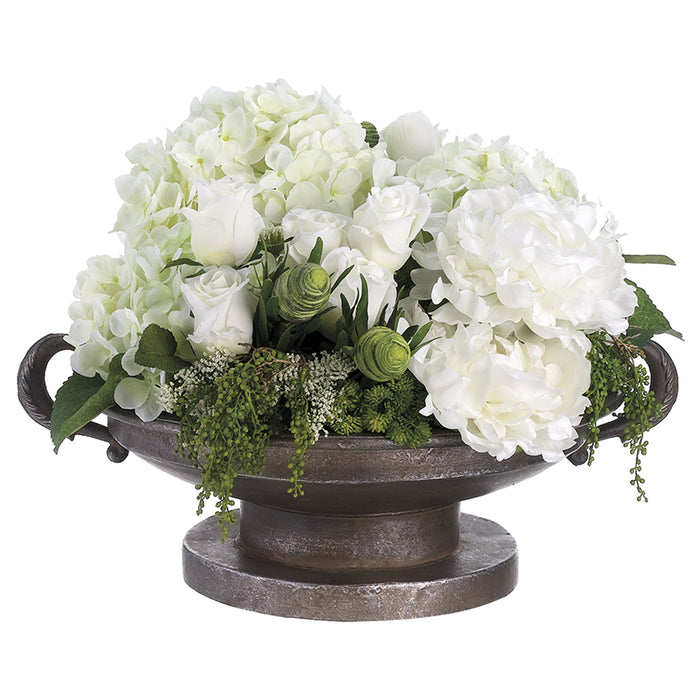 15"Hx21"W Peony, Rose Bud, Hydrangea & Berry Silk Flower Arrangement -White/Green - WF1783-WH/GR