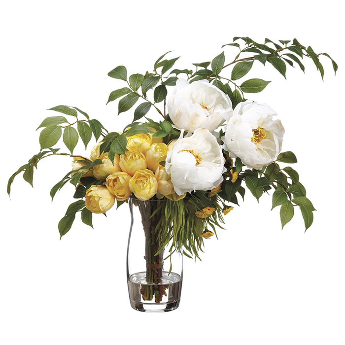 16"Hx24"W Tulip, Peony & Marigold Silk Flower Arrangement -White/Yellow - WF9004-WH/YE