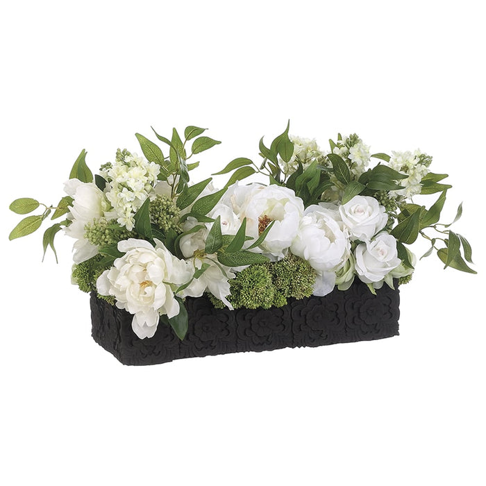 12.5"Hx27"W Mixed Lilac, Rose & Peony Silk Flower Arrangement -Cream/Green - WF9126-CR/GR