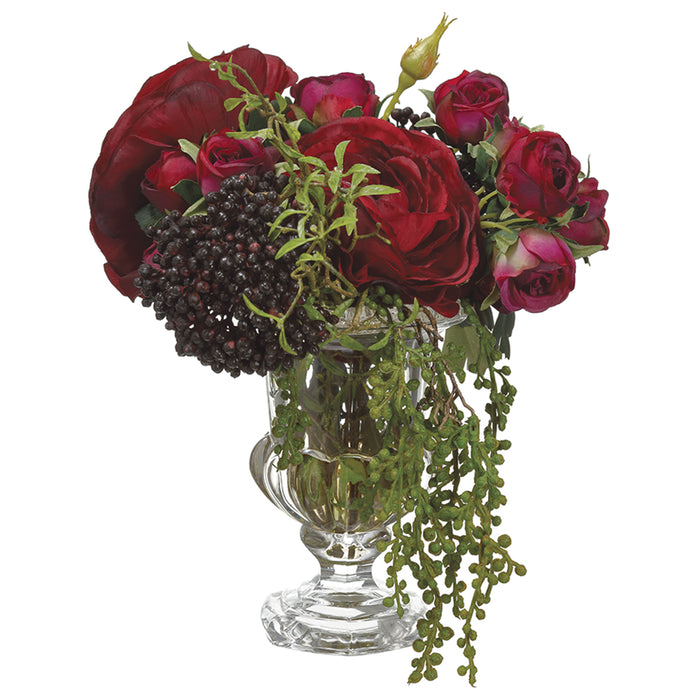 11"Hx13"W Rose & Ranunculus Silk Flower Arrangement -Burgundy/Green - WF9148-BU/GR