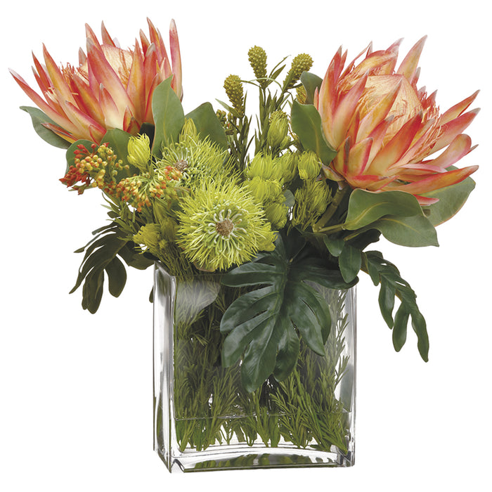 20"Hx19"W Protea, Leucospermum & Berry Silk Flower Arrangement -Orange/Green - WF9811-OR/GR
