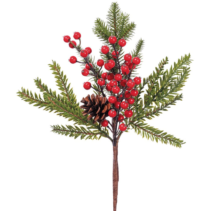 14" Berry, Pinecone & Pine Artificial Stem Pick -Green/Red (pack of 24) - XDK114-GR/RE
