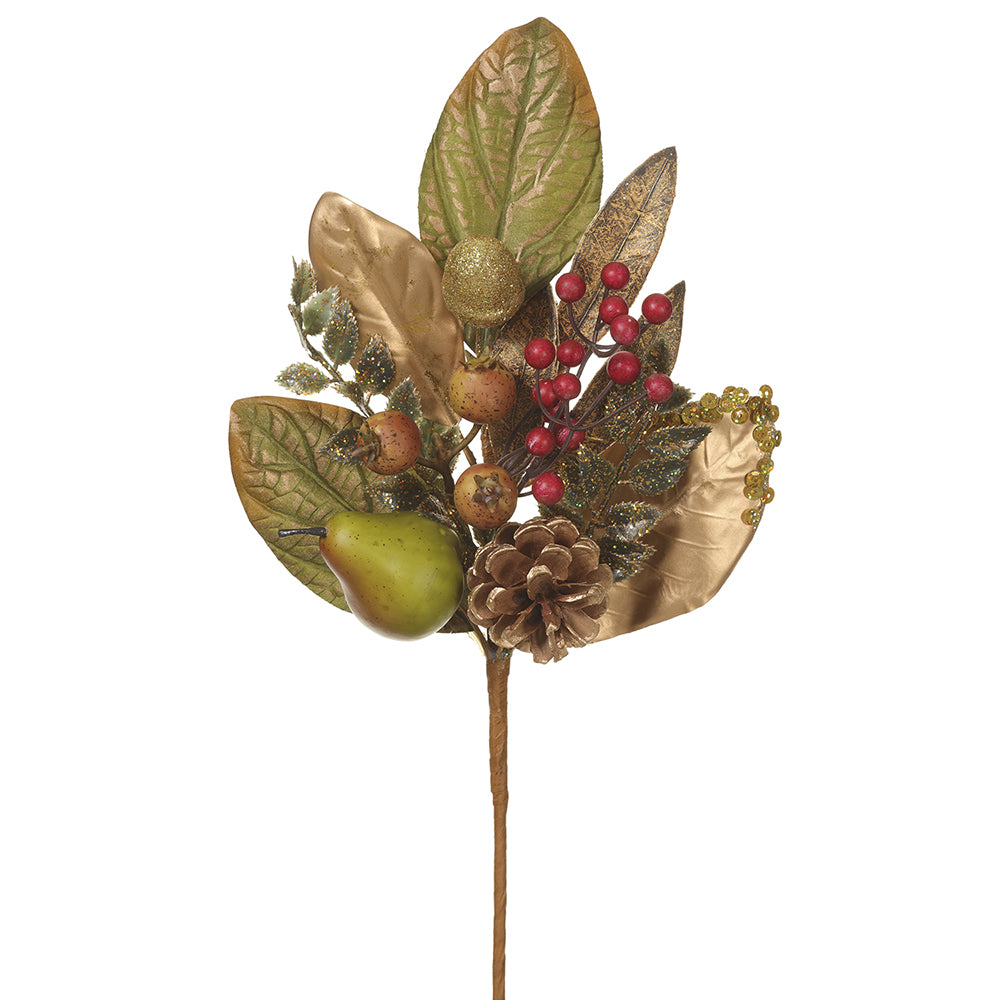 16" Artificial Pomegranata, Berry & Pine Stem -Gold/Green (pack of 12) - XDK201-GO/GR