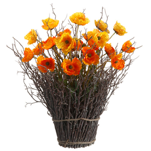 22" Poppy & Twig Standing Silk Flower Arrangement -Yellow/Orange - ZFP470-YE/OR