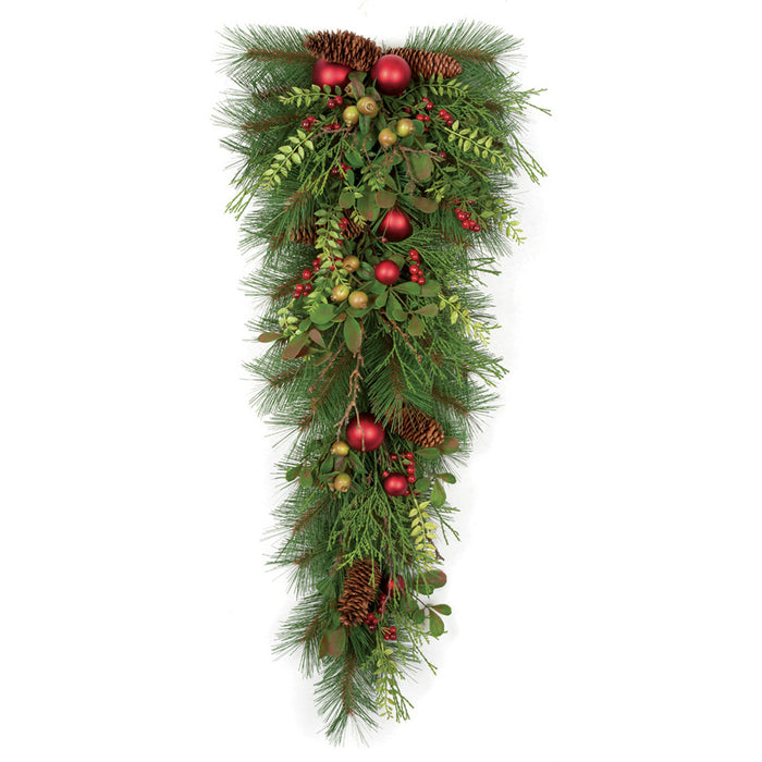 32" Artificial Long Needle Pine, Ball, Berry & Pinecone Teardrop Swag -Red/Green (pack of 2) - C140950