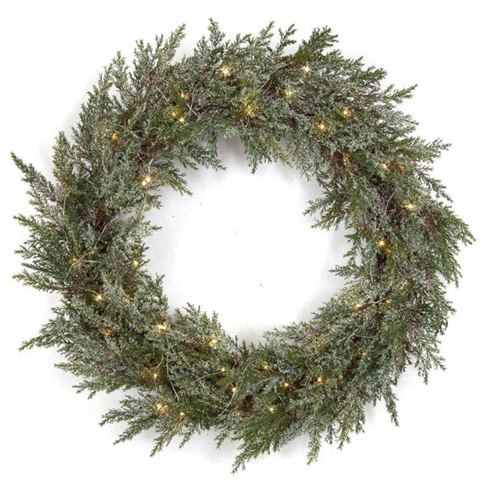 28" Artificial Snowy Cypress Wreath, Battery Micro LED Pre-Lit -Green/White (Pack of 2) - A-143390B