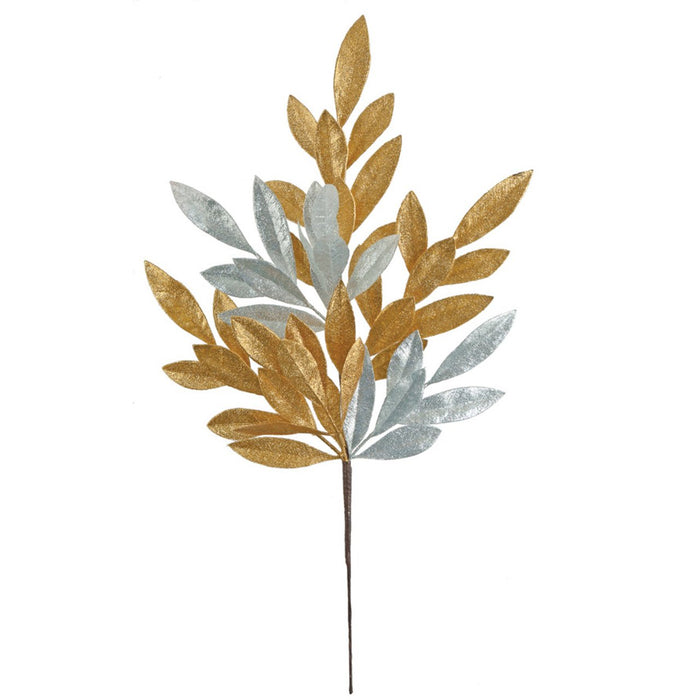 23" Two Tone Glittered Artificial Bay Leaf Stem -Gold/Silver (pack of 24) - A150180