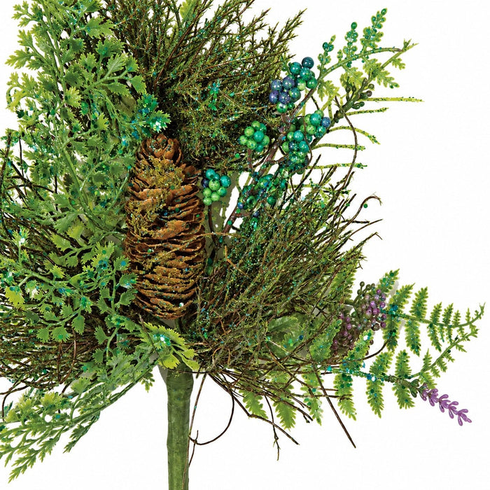 29" Glittered Artificial Mixed Fern Leaf, Berry & Pinecone Stem -Green/Teal (Pack of 6) - A-172735