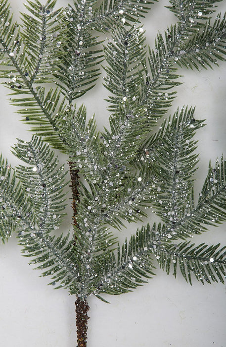 27" Frosted & Glittered Artificial Hemlock Stem -Green/Silver (pack of 24) - A182310