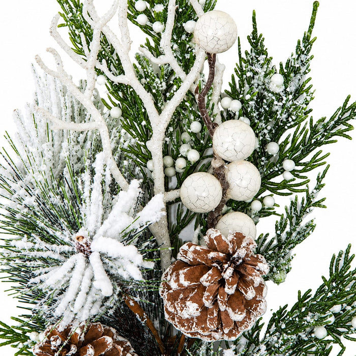20" Frosted & Glittered Artificial Mixed Pine, Berry, Twig & Pinecone Stem -Green/White (Pack of 6) - A-182560