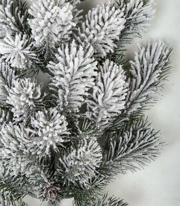 26" Flocked & Glittered Artificial Pine & Pinecone Stem -White/Green (Pack of 12) - A-182970