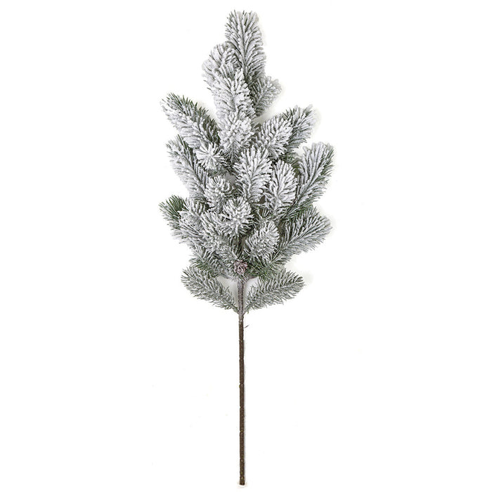 26" Flocked & Glittered Artificial Pine & Pinecone Stem -White/Green (Pack of 12) - A-182970