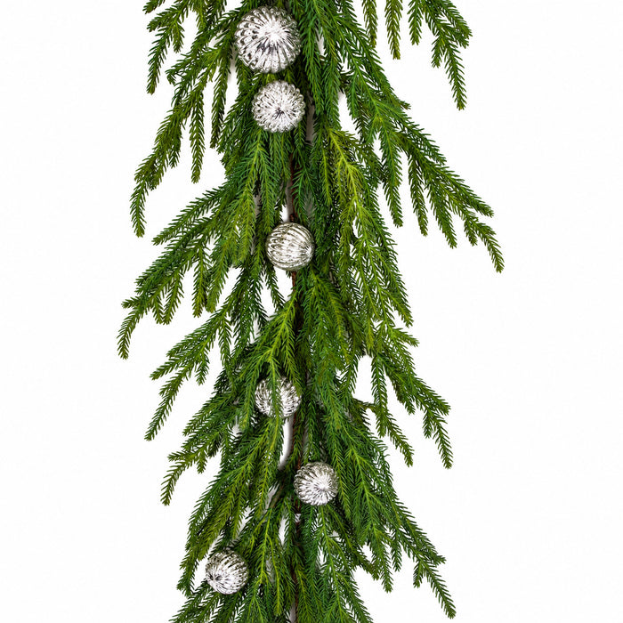 5' Soft-Touch Norfolk Pine & Ornament Artificial Garland -Green/Silver (Pack of 6) - A191160