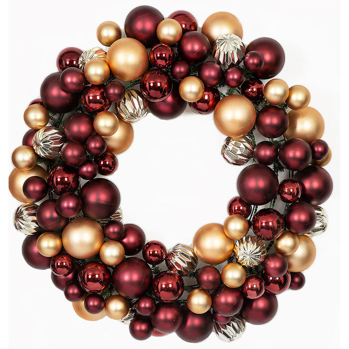 30" Mixed Reflective & Matte Ornamental Ball Hanging Wreath -Burgundy/Gold - A200610