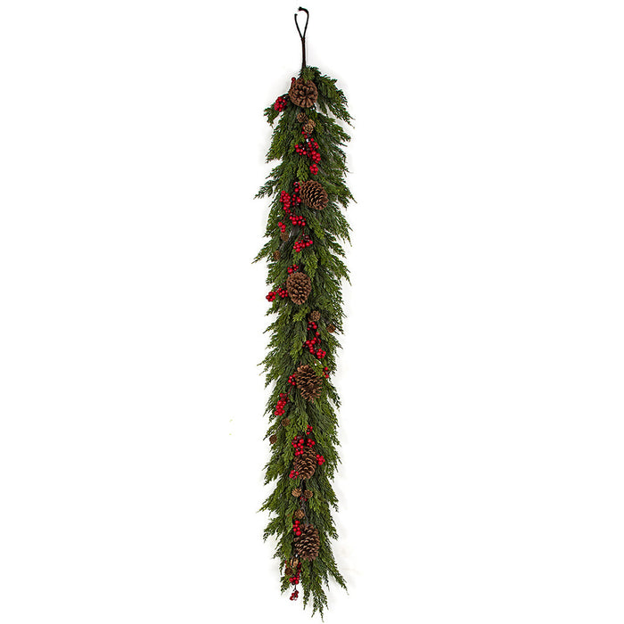 9'Lx7"W Natural Touch Cypress, Berry & Pinecone Artificial Garland -Green/Red (pack of 2) - A202440