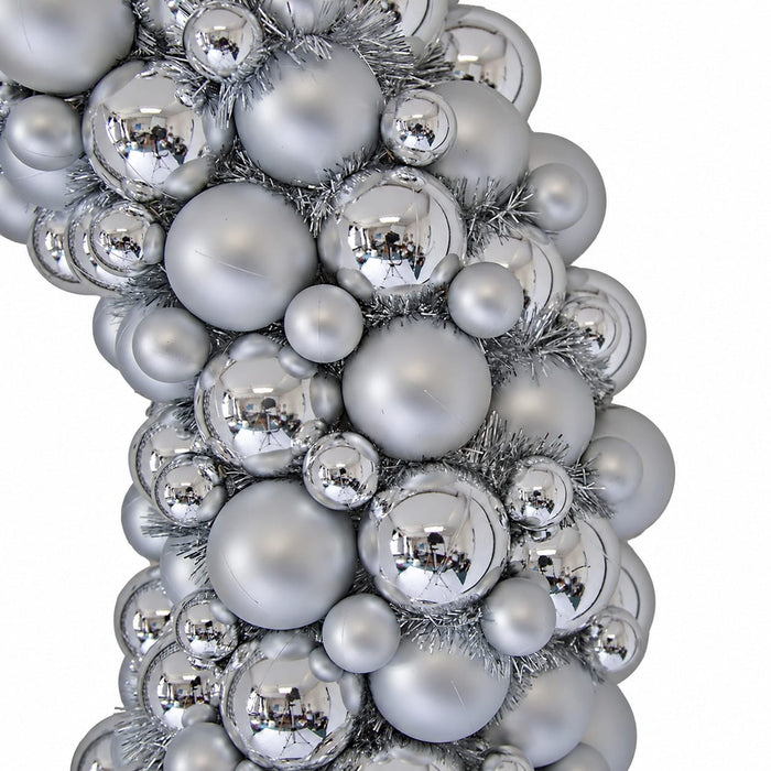36" Mixed Plastic Matte & Reflective Ball & Tinsel Wreath -Silver - A202730
