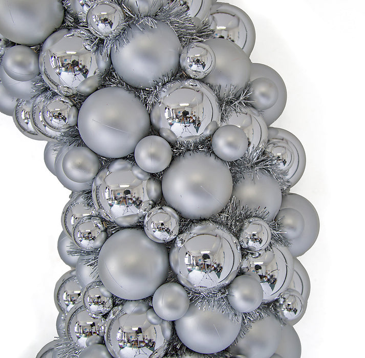 36" Mixed Plastic Matte & Reflective Ball & Tinsel Hanging Wreath -Silver - A202730