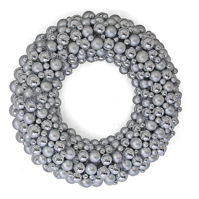 36" Mixed Plastic Matte & Reflective Ball & Tinsel Hanging Wreath -Silver - A202730