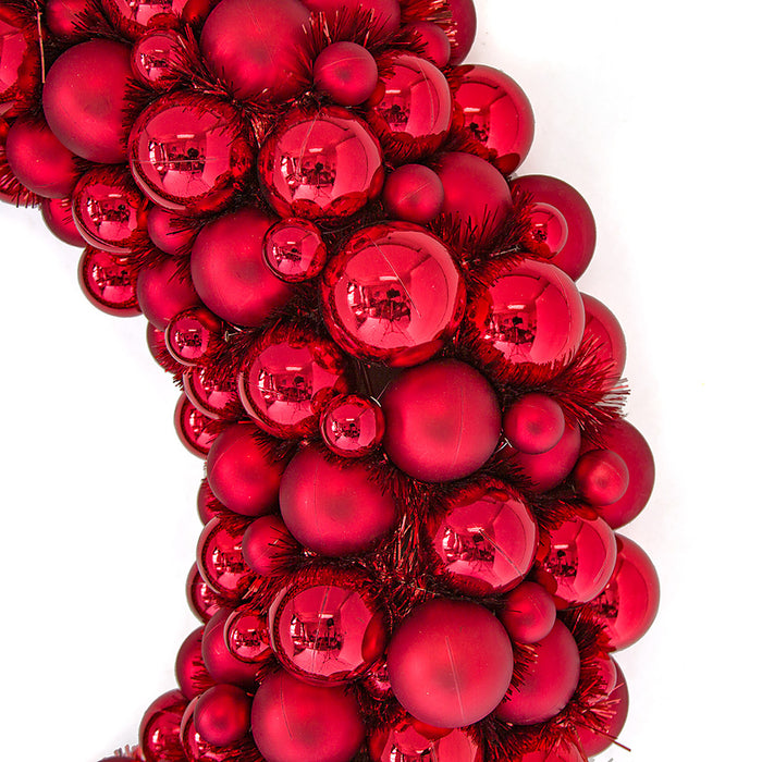 36" Mixed Plastic Matte & Reflective Ball & Tinsel Hanging Wreath -Red - A202734