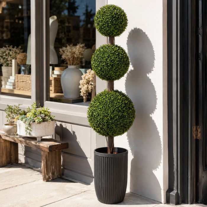 5' Outdoor UV-Proof Artificial English Boxwood Triple Ball-Shaped Artificial Topiary Tree w/Pot -2 Tone Green - A202840