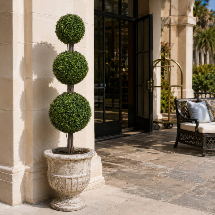 5' Outdoor UV-Proof Artificial English Boxwood Triple Ball-Shaped Artificial Topiary Tree w/Pot -2 Tone Green - A202840