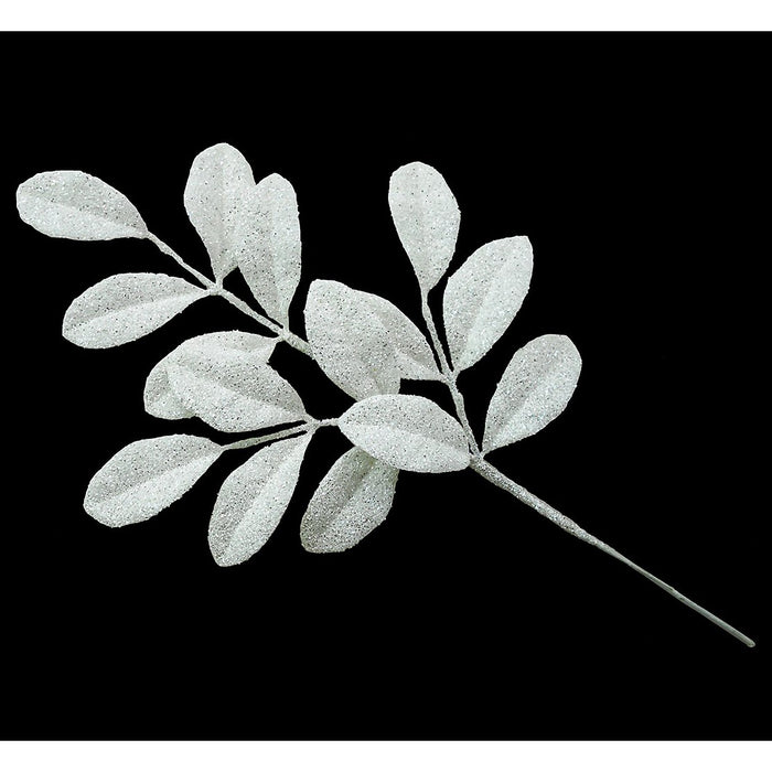 19" Glittered Artificial Apple Leaf Stem -White (pack of 24) - A220141