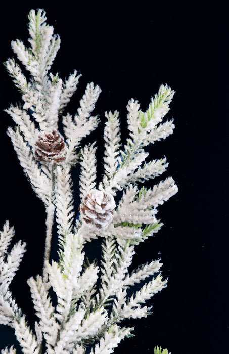 20" Flocked & Lightly Glittered Artificial Pine & Pinecone Stem -White/Green (Pack of 24) - A-230950