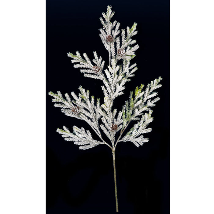 20" Flocked & Lightly Glittered Artificial Pine & Pinecone Stem -White/Green (Pack of 24) - A-230950