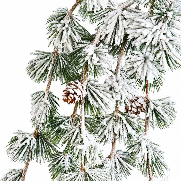 36" Hanging Flocked Artificial Butte Pine & Pinecone Stem -White/Green (Pack of 12) - A-231640