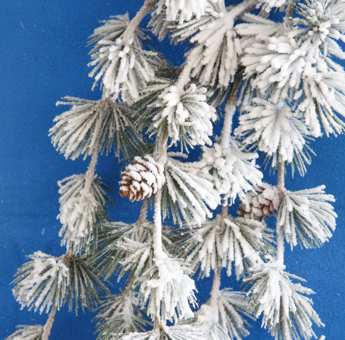 19" Hanging Flocked Artificial Butte Pine & Pinecone Stem -White/Green (Pack of 12) - A-231640