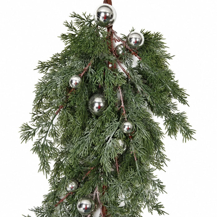 48"Hx12"W Soft-Touch Artificial Cedar & Ball Teardrop Swag -Green/Silver (Pack of 2) - A-231962