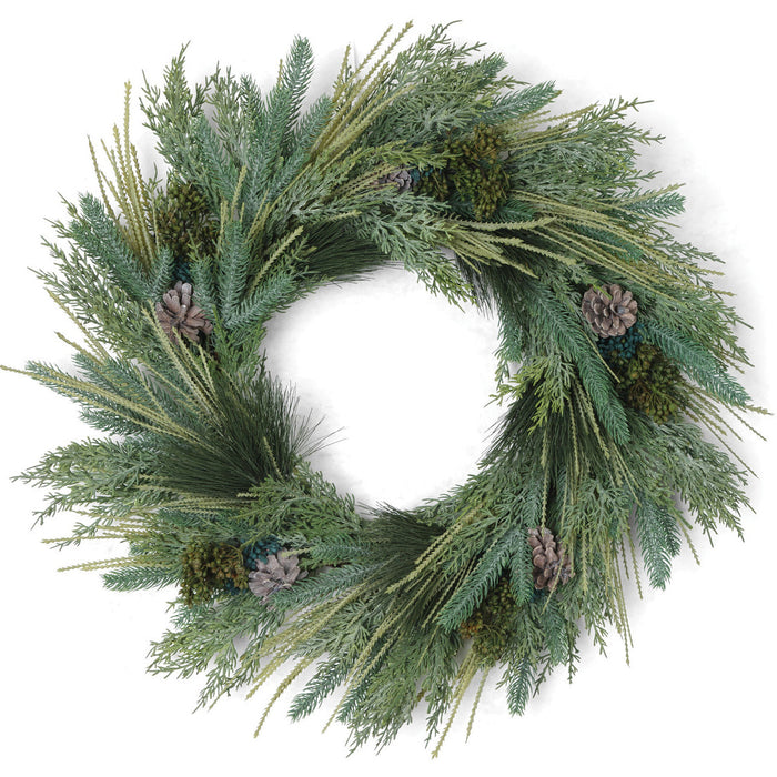 28" PE Artificial Mixed Cedar, Pine, Pinecone & Berry Wreath -Green/Blue - A-232200