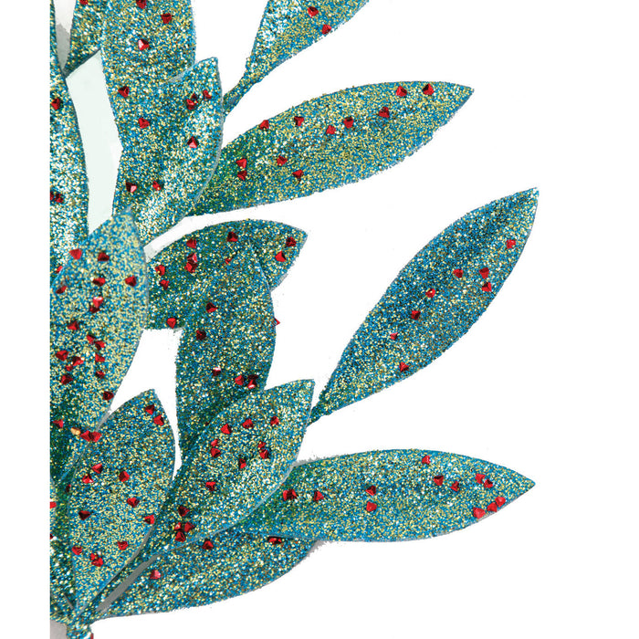 27" Glittered Artificial Bay Leaf Stem -Aqua/Red (Pack of 12) - A-250010