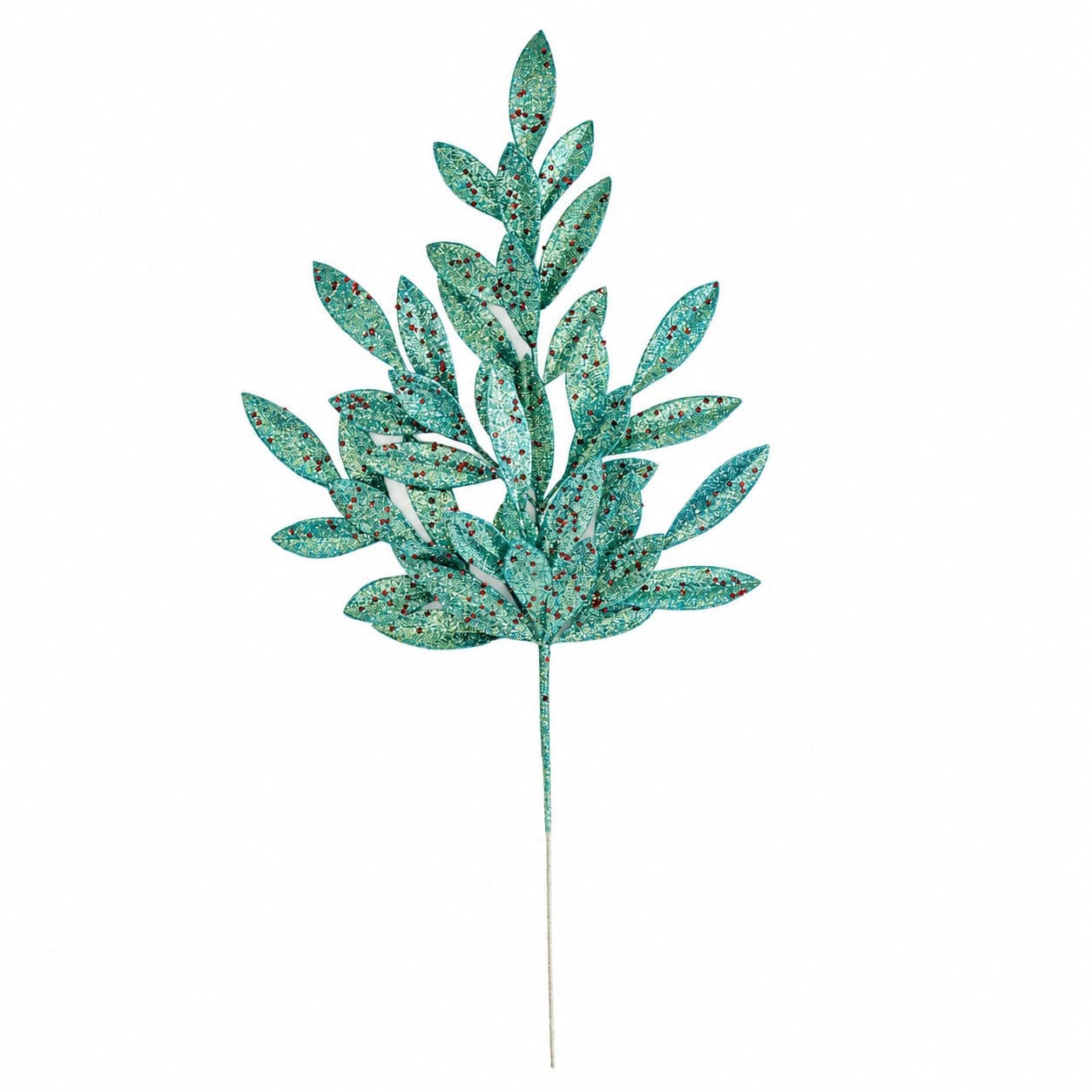 27" Glittered Artificial Bay Leaf Stem -Aqua/Red (Pack of 12) - A-250010