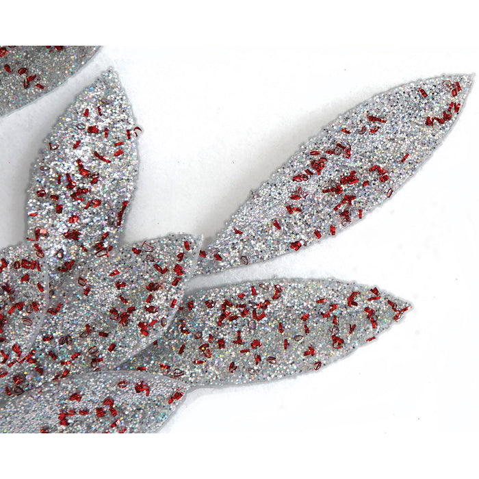 20.5" Glittered Artificial Bay Leaf Stem -Silver/Red (Pack of 12) - A-250012