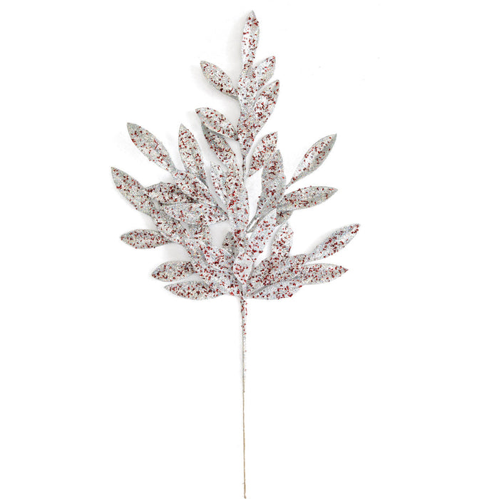 20.5" Glittered Artificial Bay Leaf Stem -Silver/Red (Pack of 12) - A-250012