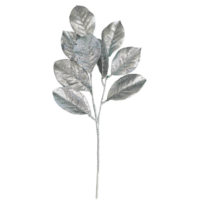 25" Glittered Artificial Magnolia Leaf Stem -Silver (Pack of 12) - A-250061