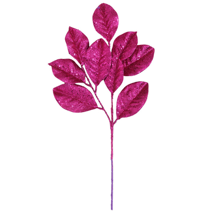25" Glittered Artificial Magnolia Leaf Stem -Raspberry (Pack of 12) - A-250064