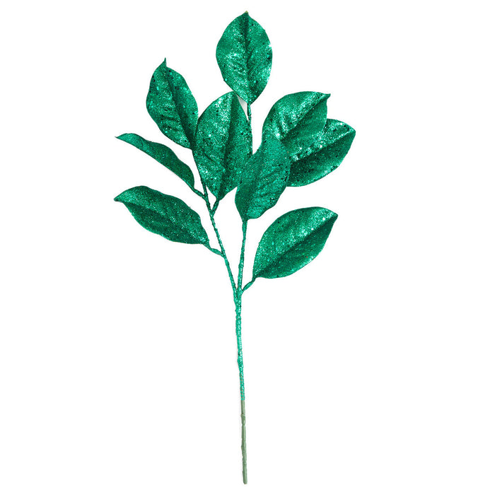 25" Glittered Artificial Magnolia Leaf Stem -Emerald Green (Pack of 12) - A-250065