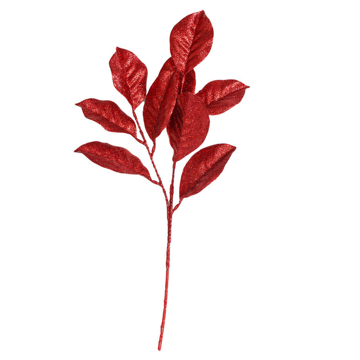 25" Glittered Artificial Magnolia Leaf Stem -Red (Pack of 12) - A-250067