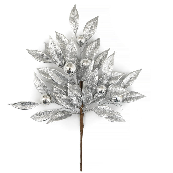 20" Artificial Bay Leaf & Ball Stem -Silver (Pack of 12) - A-253804