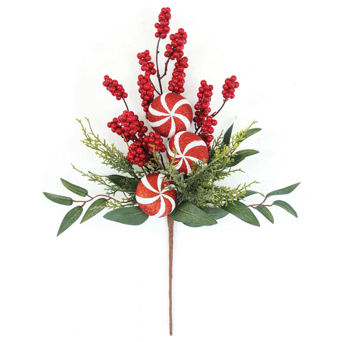 20" Artificial Mixed Berry, Leaf & Candy Stem -Red/White (Pack of 12) - A-253850