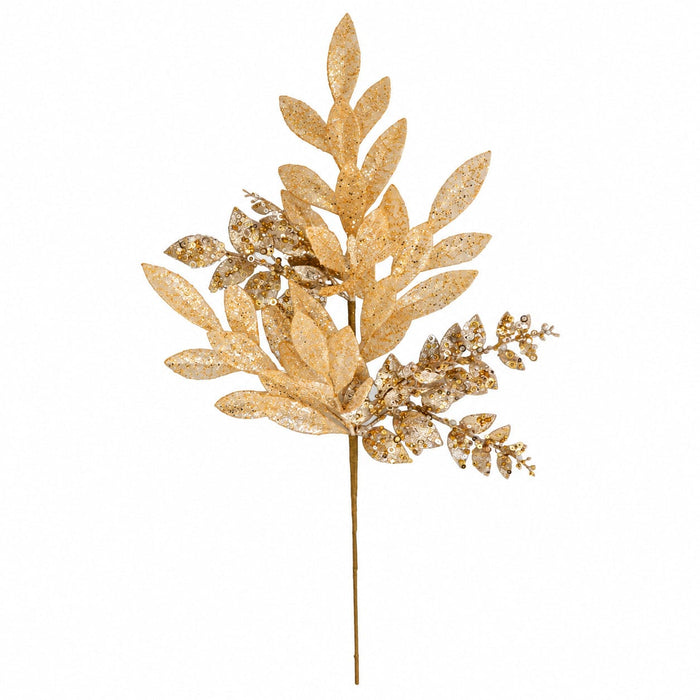 27" Glittered & Sequined Artificial Mixed Bay & Ruscus Leaf Stem -Champagne (Pack of 12) - A-260091